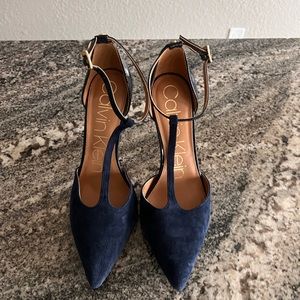 CALVIN KLEIN T-strap Navy Blue & Patent Pump  SIZE 8.5 worn once